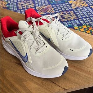 Nike Cream and Red Sneakers with Blue Swoosh